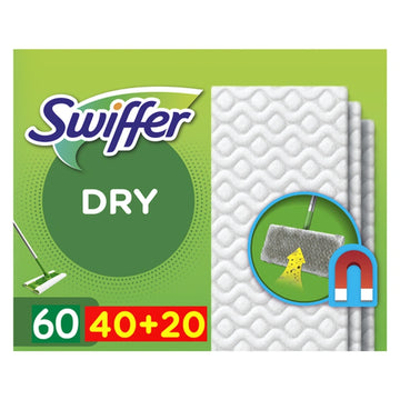 Swiffer Dry Πανάκια Καθαρισμού 60 τεμάχια (40+20 Δώρο) για στεγνό καθάρισμα με μαγνητική δράση